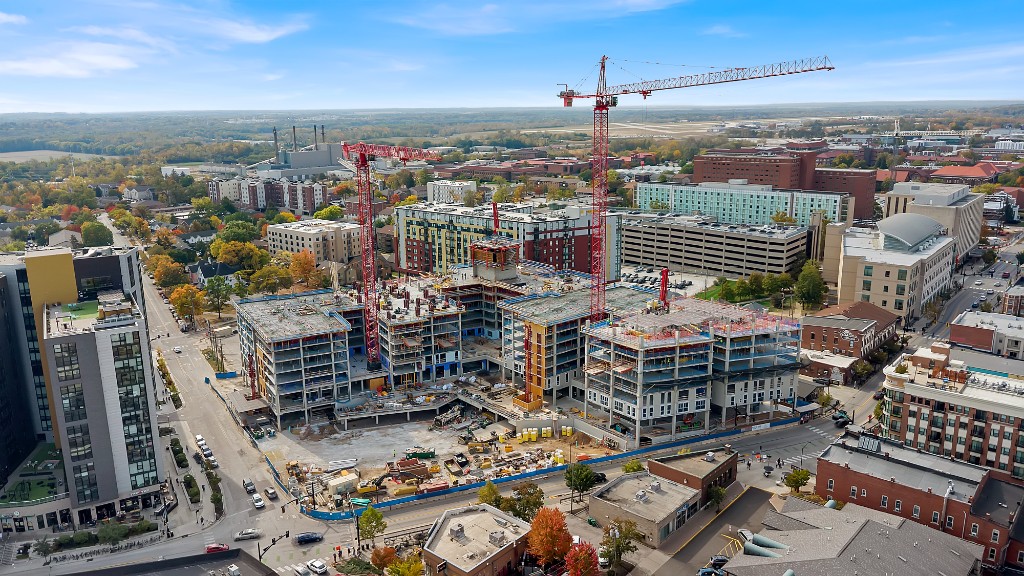 Aerial drone progress monitoring for commercial construction in Crown Point, IN.