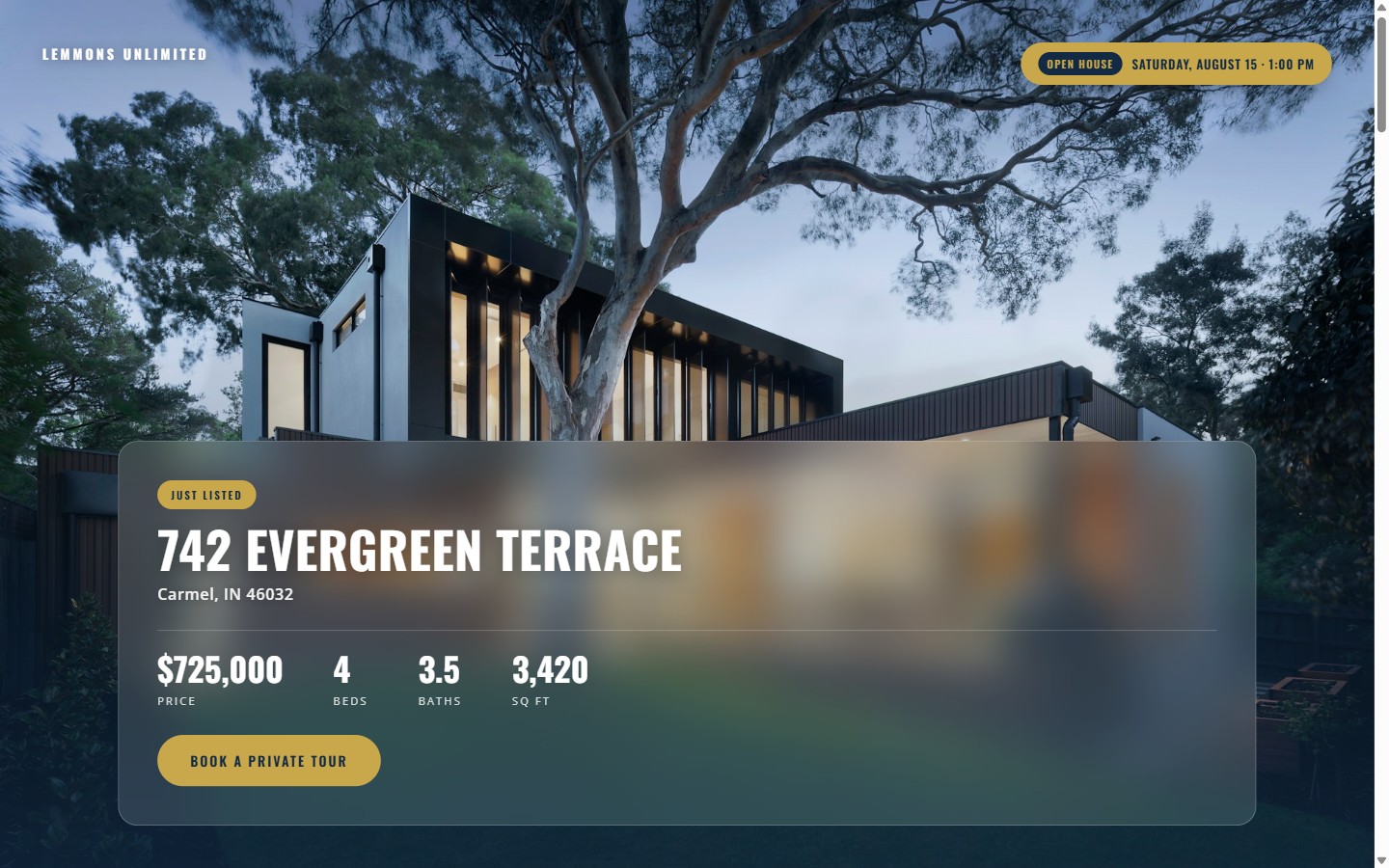 Live example of a Lemmons Unlimited property listing site: 742 Evergreen Terrace, Carmel, Indiana