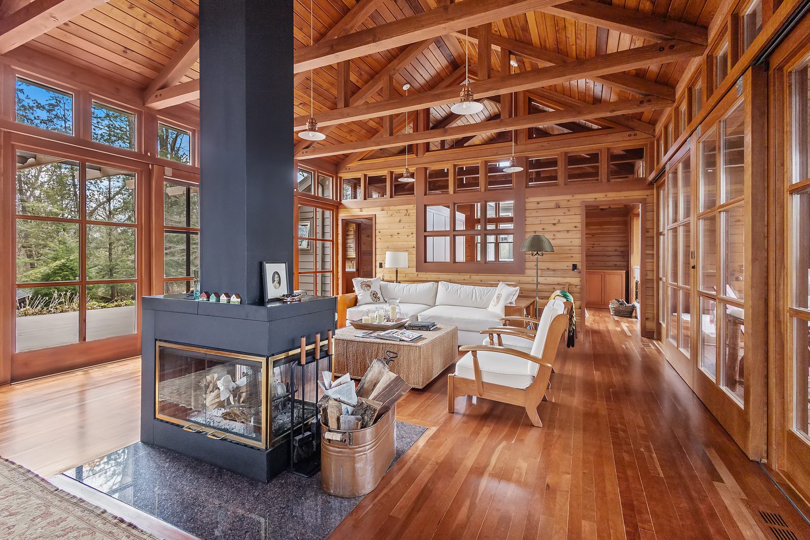 Timber-frame living room with fireplace