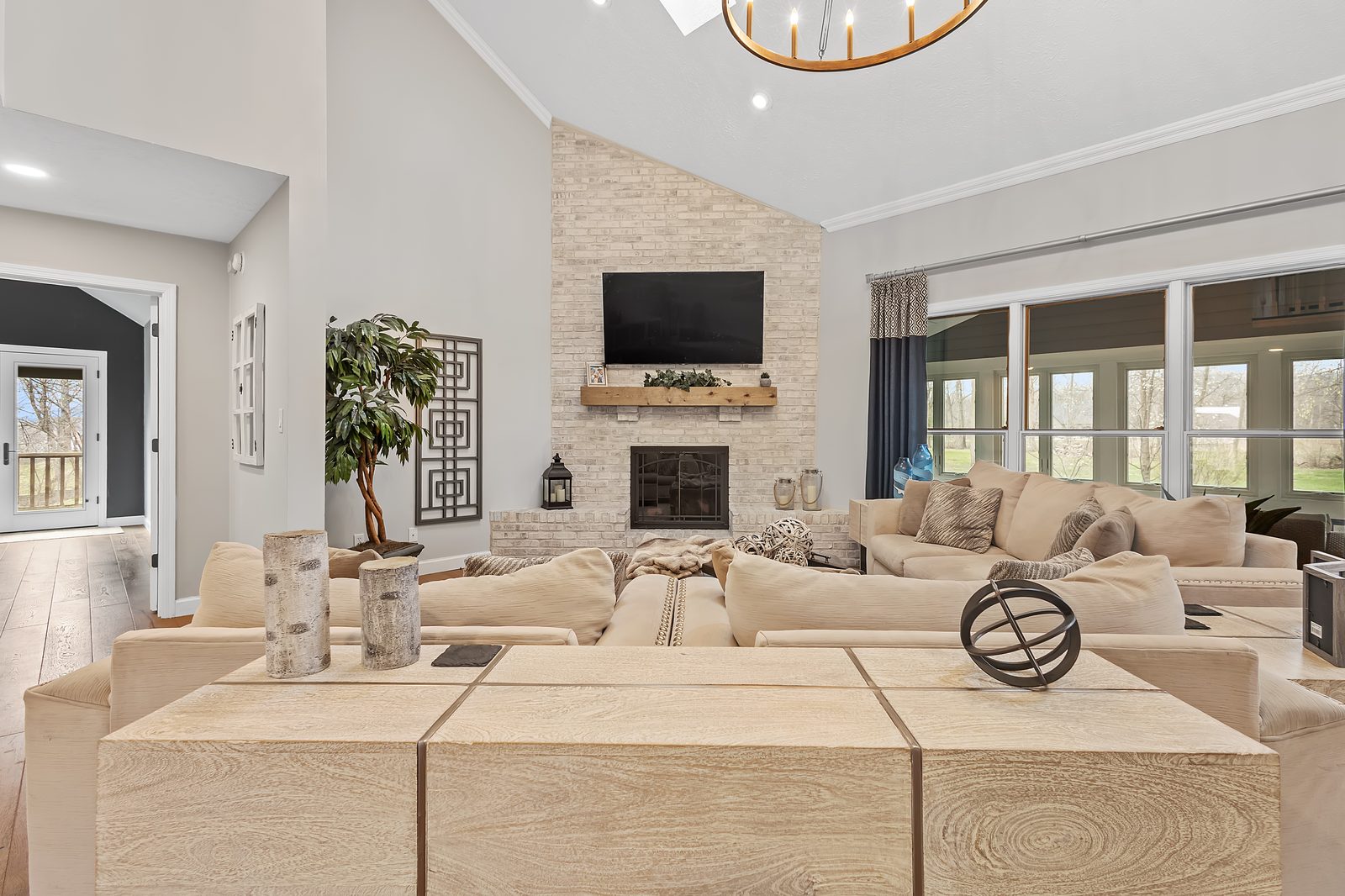 Modern living room with brick fireplace