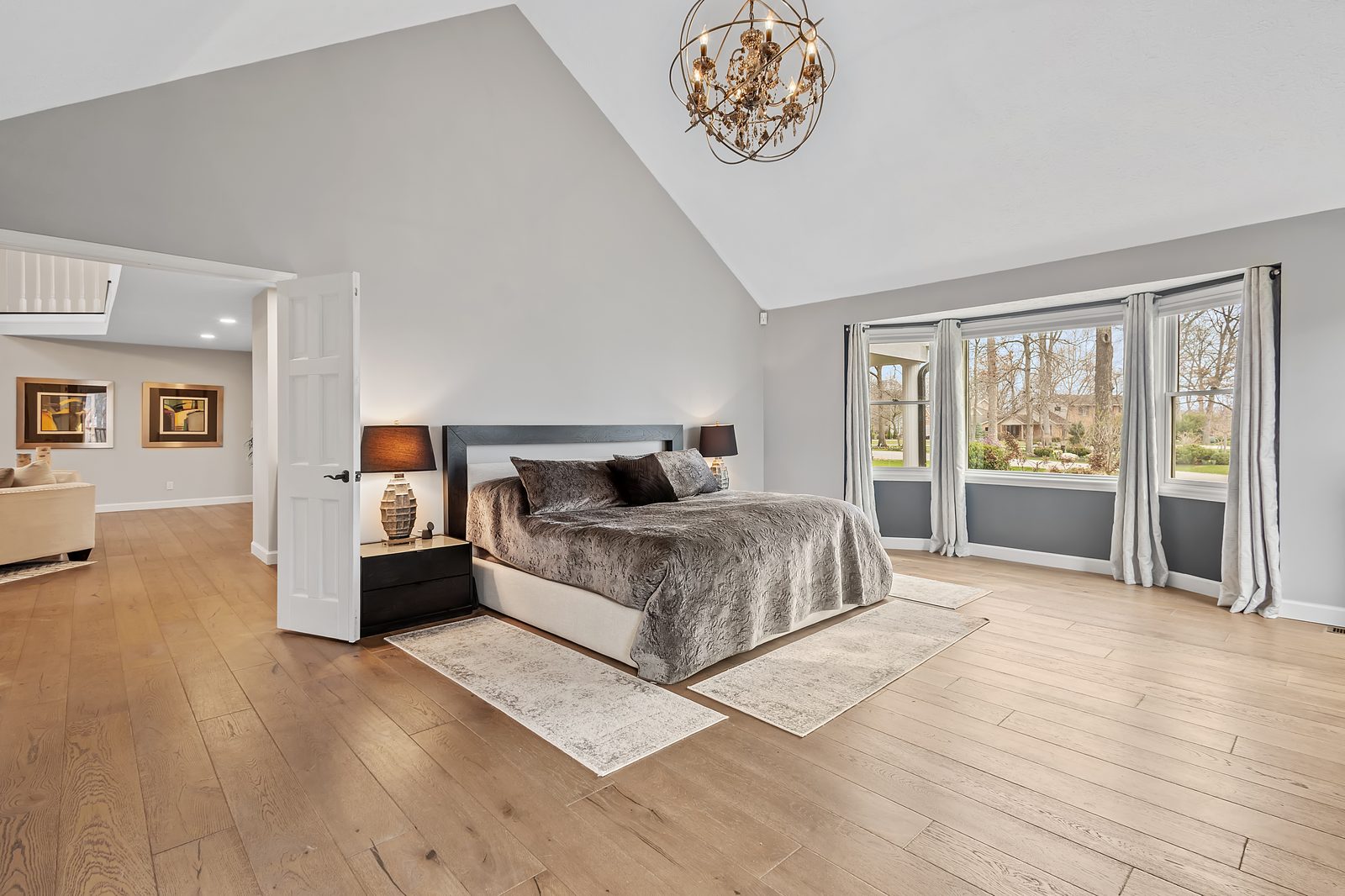 Living room with stone fireplace