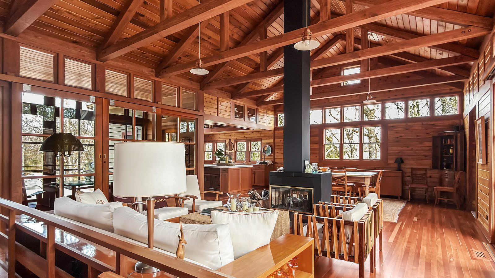 Open great room with exposed beams