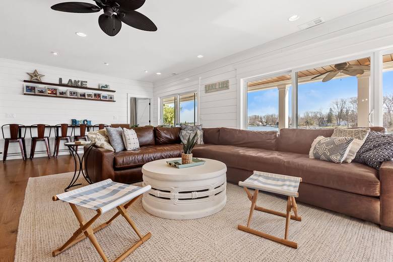 Lifestyle interior — lakeview living room styled for the listing